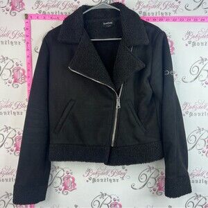 bebe jacket coat zip up bling arm Black Faux-Shearling Trim Moto Jacket
